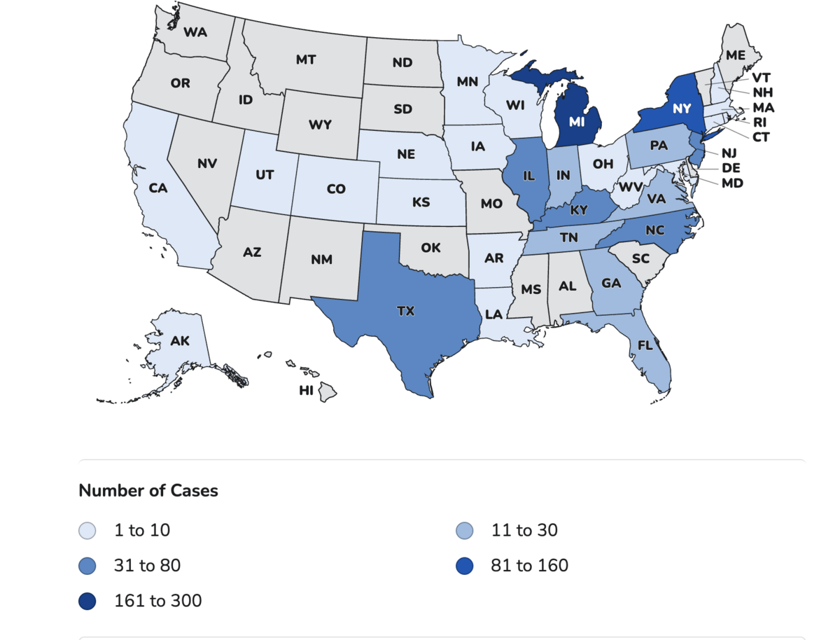A CDC map issued July 10 shows the federal count so far of reported cyclosporiasis cases, which remained behind state counts.